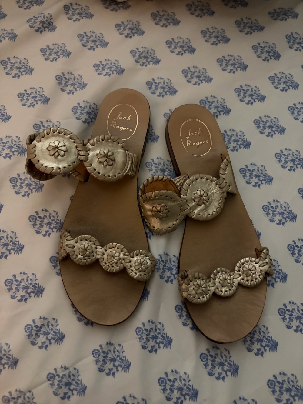 Jack Rogers Gold Whipstitch Medallion Slide Sandals
